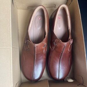Clarks Unstructured Un Loop2 Walk Dark Tan Leather Slip On Shoes Womens 9.5 M